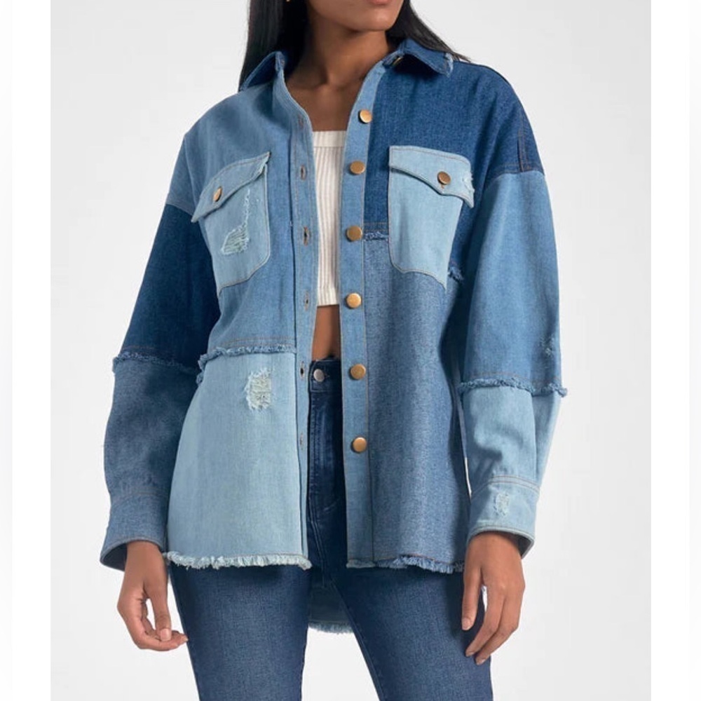 Brand New ELAN Patchwork Jacket Denim Button Up Jean Shacket Distressed Frayed